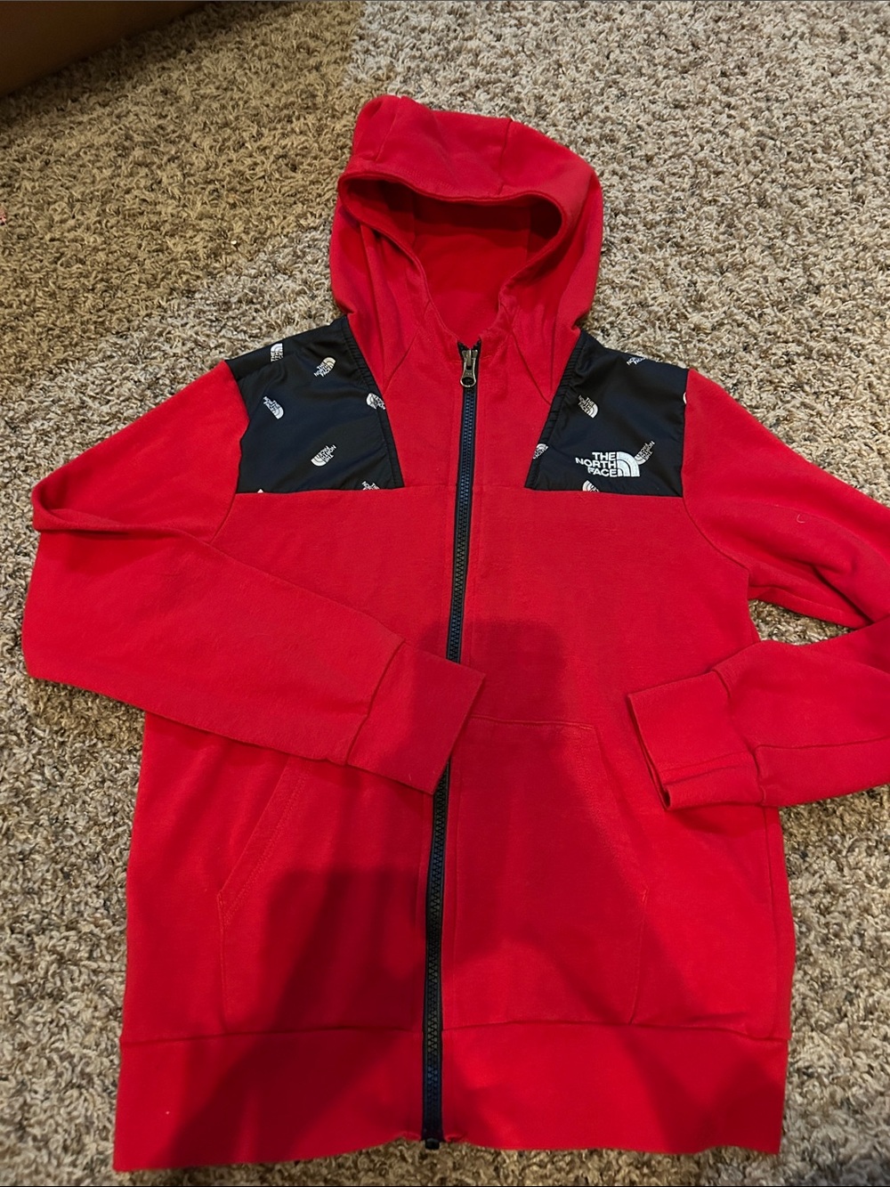 The North Face Red Hooded Zip Sweatshirt with Black Shoulder Panels
